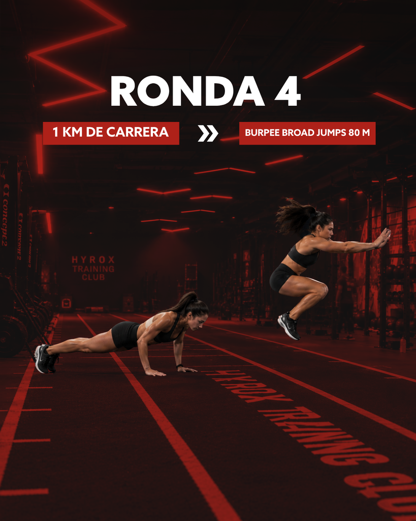 Ejercicio Hyrox ronda 4 burpee broad jumps 80m
