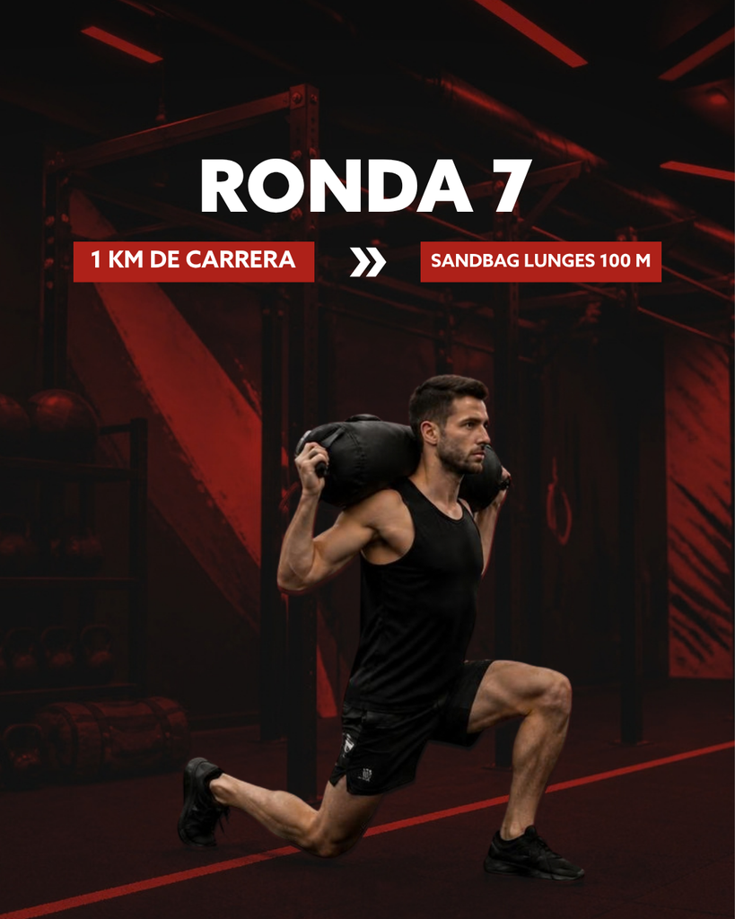 Ejercicio Hyrox ronda 7 sandbag lunges 100m