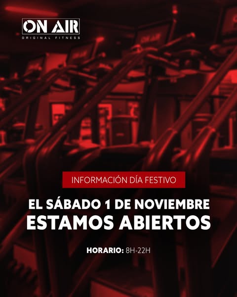 El sábado 1 de noviembre estamos abiertos de 8h-22h, que un festivo no sea una excusa para no entrenar💪
Ven a On Air Fitness a darlo TODO 🔥

#deporte #gym #gimnasio #OnAirFitness #valencia #valenciaentendencia #valenciafitness #gimnasiovalencia #OnAirFitnessNuevoCentro #OnAirFitnessLesArts #OnAirFitnessRuzafa