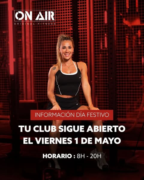 📅 1 de mayo - Abierto de 8:00 a 20:00
Con motivo del Día del Trabajo, tu gimnasio adapta sus horarios 🏋️‍♀️
#deporte #fitness #gym #gimnasio #OnAirFitness