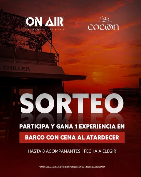 🔴 SORTEO CERRADO 🔴
Un atardecer en el mar con tu gente. 🌅

Sorteamos entre nuestros clientes de Valencia, una experiencia de atardecer en barco 🛥️ con cena para ti y hasta 8 amigos, de la mano de @cocoonvalencia
Porque la comunidad ON AIR no solo se vive en el gym 💪🏼

¿Cómo participar?
✔️ Sígue a tu centro ON AIR Fitness de Valencia (@onairfitness_valencialesarts, @onairfitness_valenciaruzafa o @onairfitness_vlcnuevocentro)
✔️ Sígue a @cocoonvalencia y @onairfitness_espana
✔️ Dale like a este post
✔️ Menciona en comentarios a 2 personas con las que vivirías esto

Tienes hasta el 23 de agosto a las 23:55 🔥

Bases legales en el enlace de bio.
